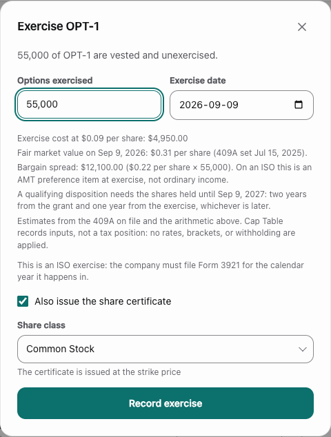 Option exercise dialog with quantity, date, certificate choice, and share class for sample grant OPT-1